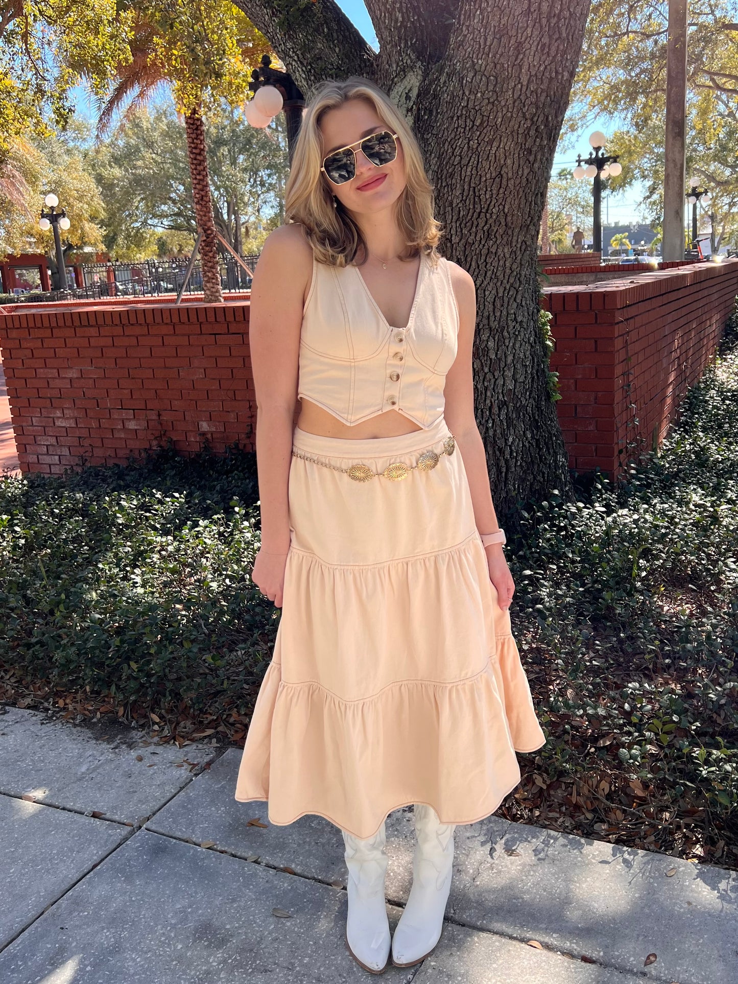 Soleil Cream Midi Skirt - styled with matching Soleil Vest
