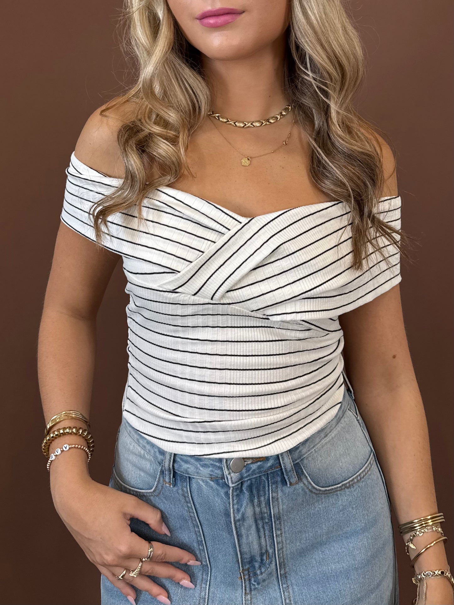 Shay Striped Off the Shoulder Top in Ivory