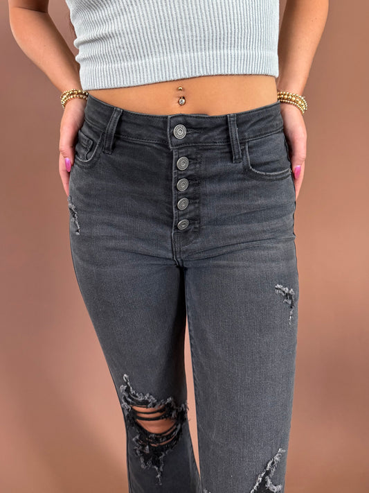 Dylan Distressed High Rise Denim in Washed Black