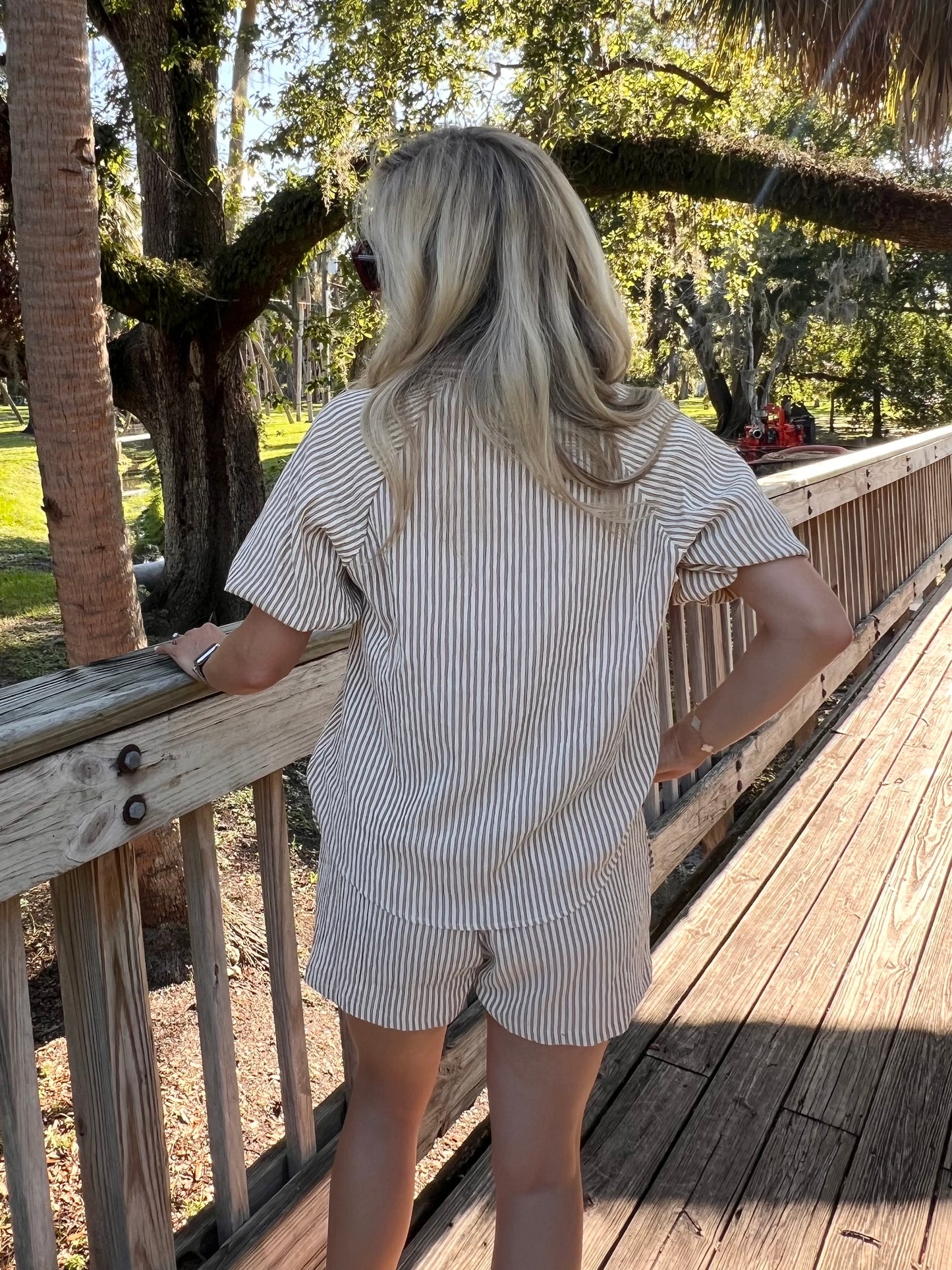 Noah Striped Button Up Top & Short Set in Taupe & White
