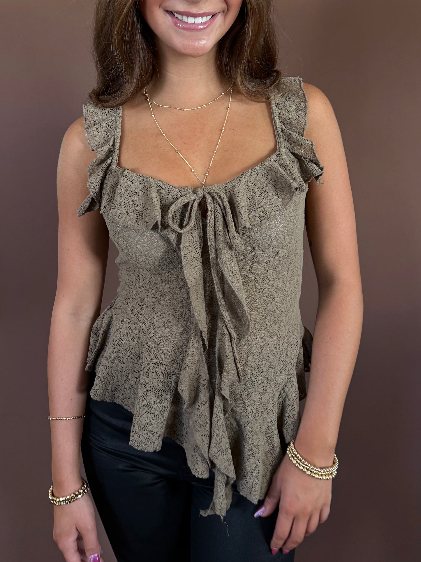Cierra Asymmetrical Ruffle Sleeveless Lace Tank in Brown