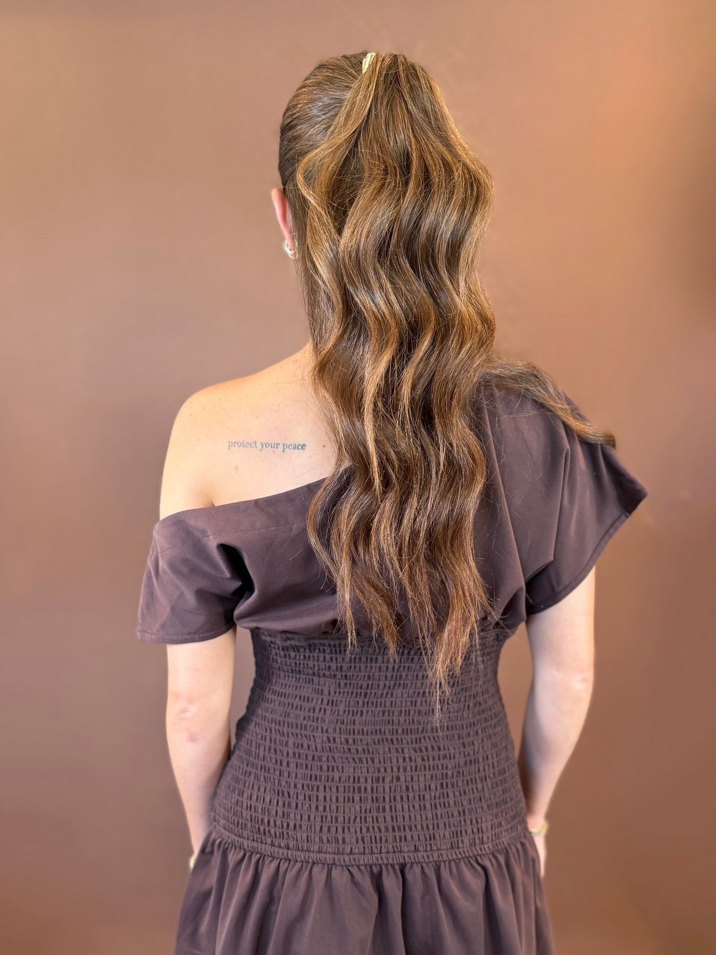 River Off the Shoulder Drop Waist Mini Dress in Chocolate Brown