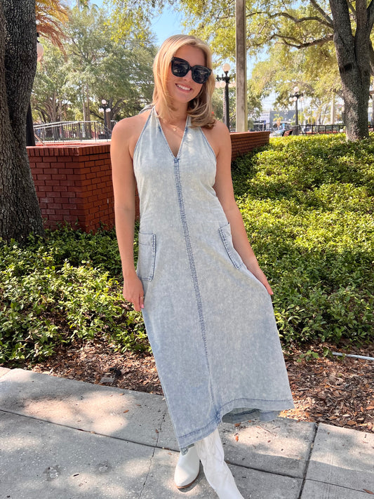 Sammi Open Back Light Denim Maxi Dress