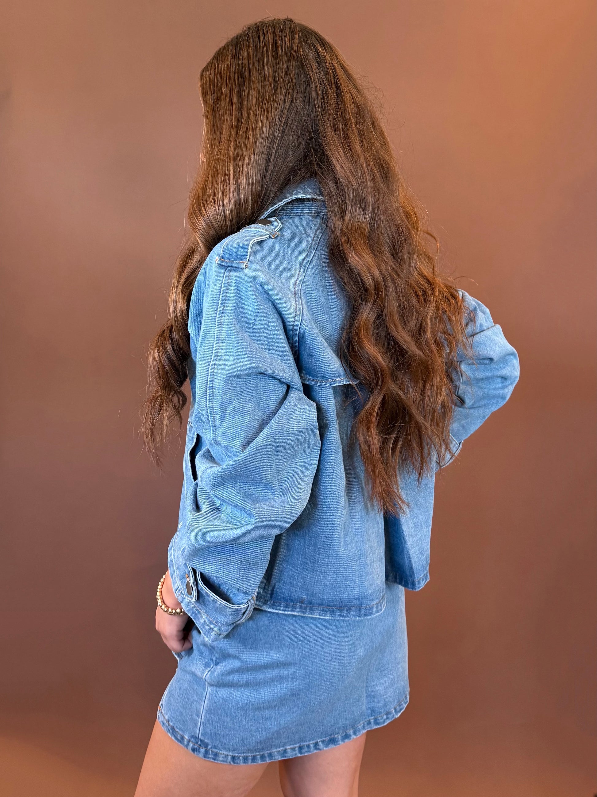 Aster Crop Trench Coat in Denim