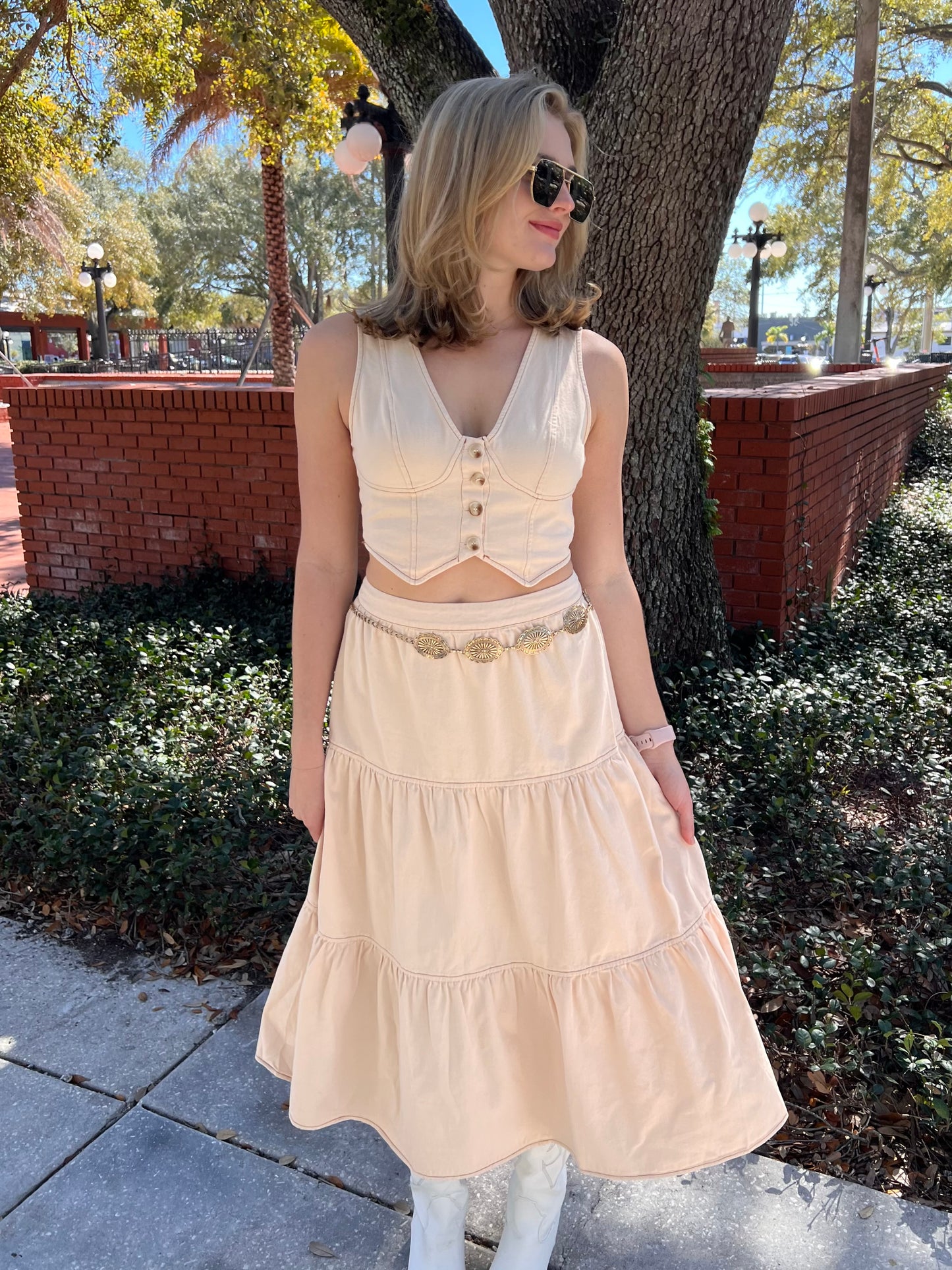 Soleil Cream Midi Skirt - styled with matching Soleil Vest