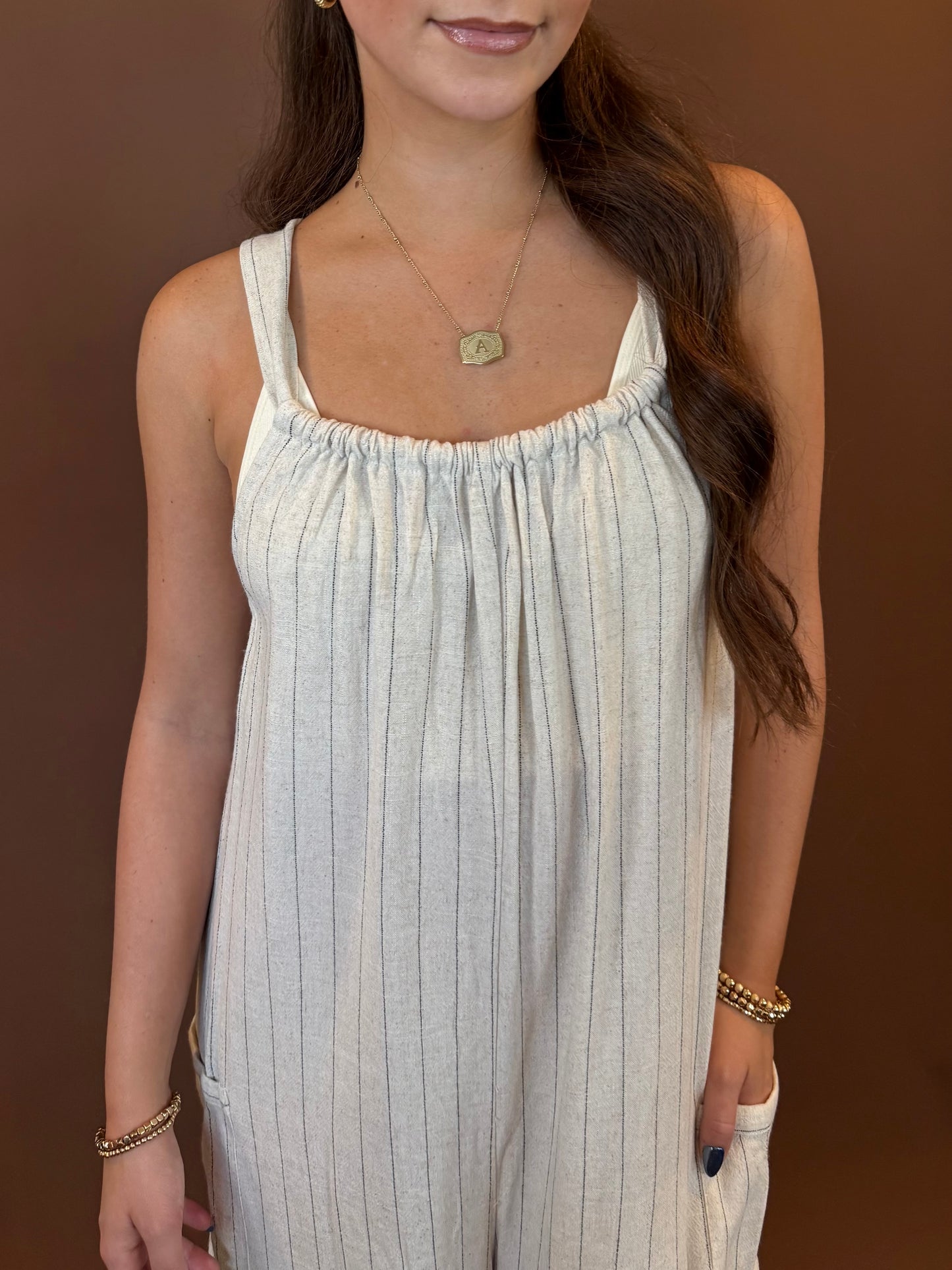 Dawson Striped Sleeveless Linen Jumpsuit in Natural