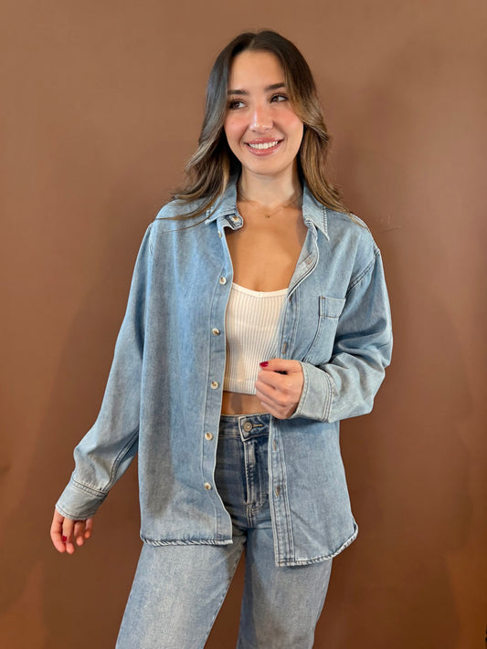 Pacey Oversized Button Up Shirt in Denim