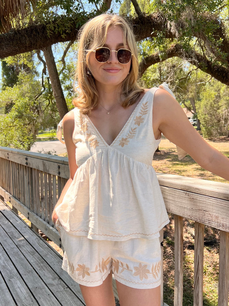 Jade Oatmeal Embroidered Tie Babydoll Tank Top