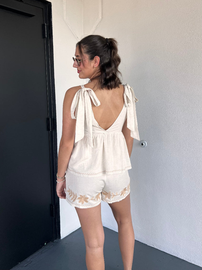 Jade Oatmeal Embroidered Tie Babydoll Tank Top