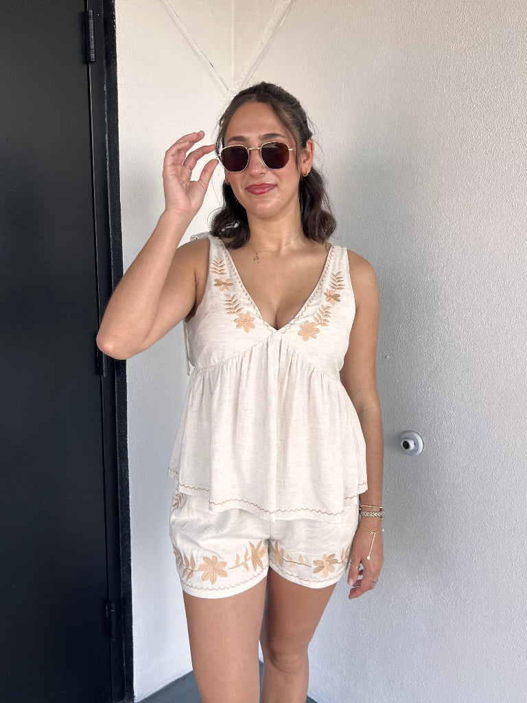 Jade Oatmeal Embroidered Tie Babydoll Tank Top