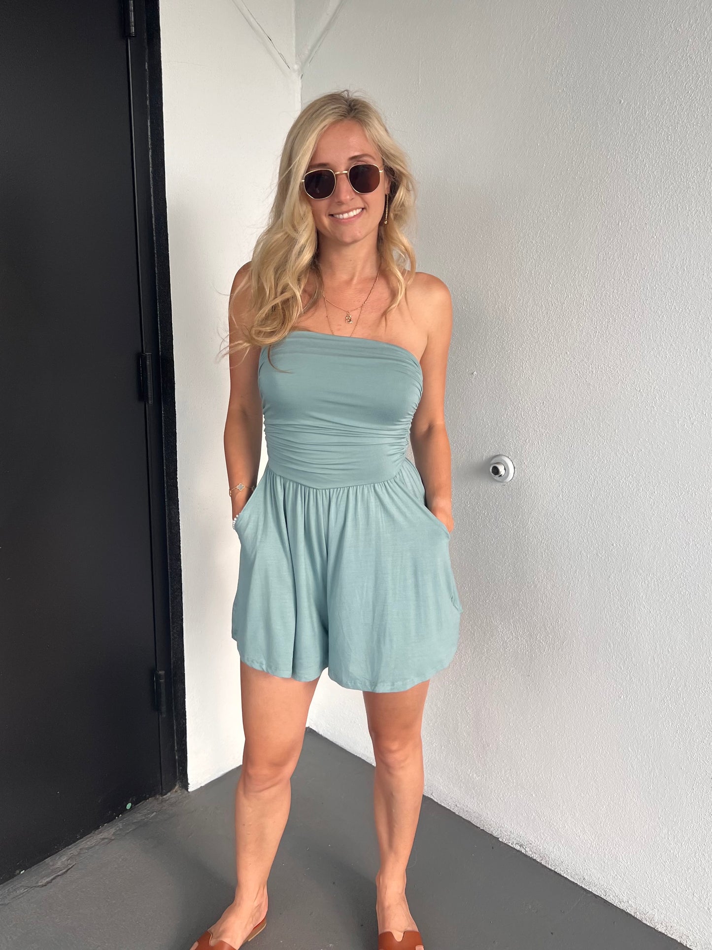 HALEY STRAPLESS ROMPER IN TEAL BLUE