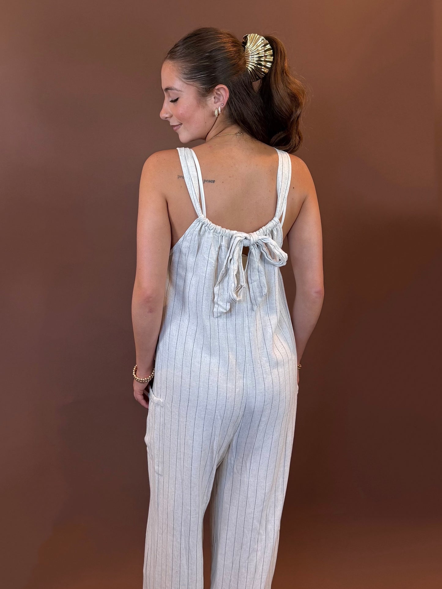 Dawson Striped Sleeveless Linen Jumpsuit in Natural