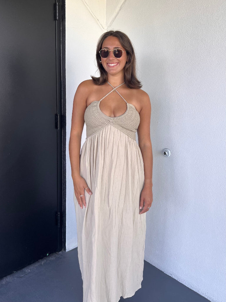 TALLULAH CROCHET MAXI DRESS IN SAND