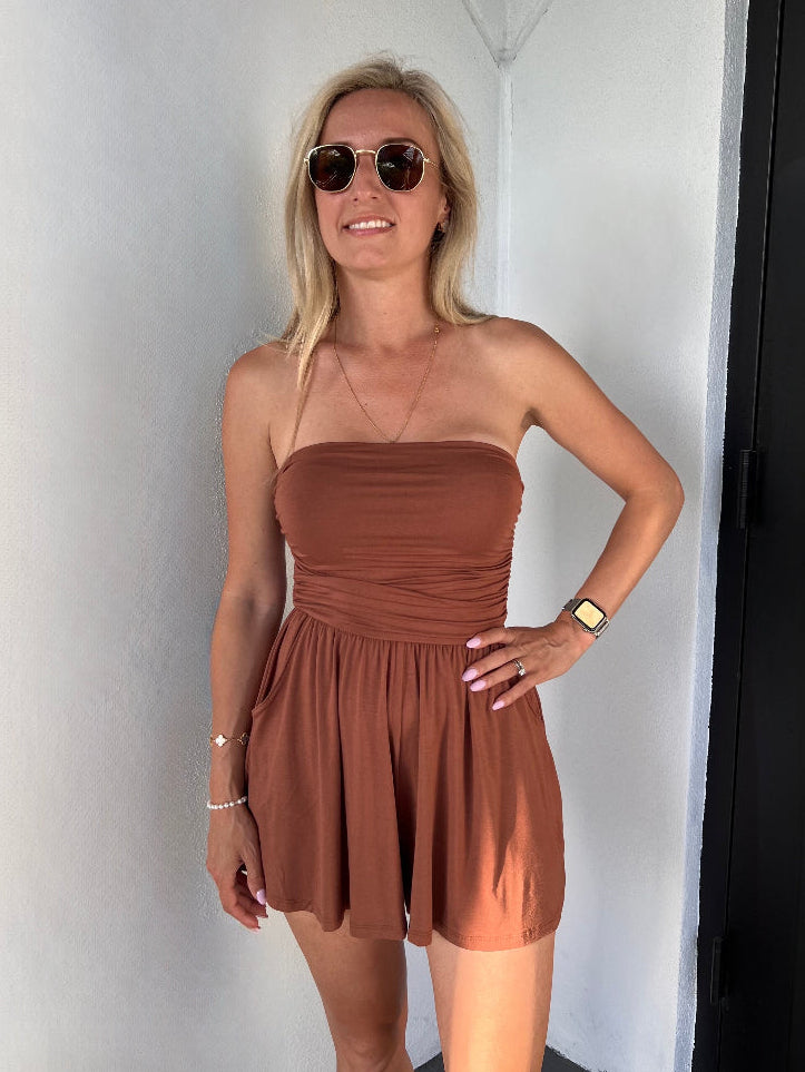 Haley Strapless Romper in Nutshell Brown