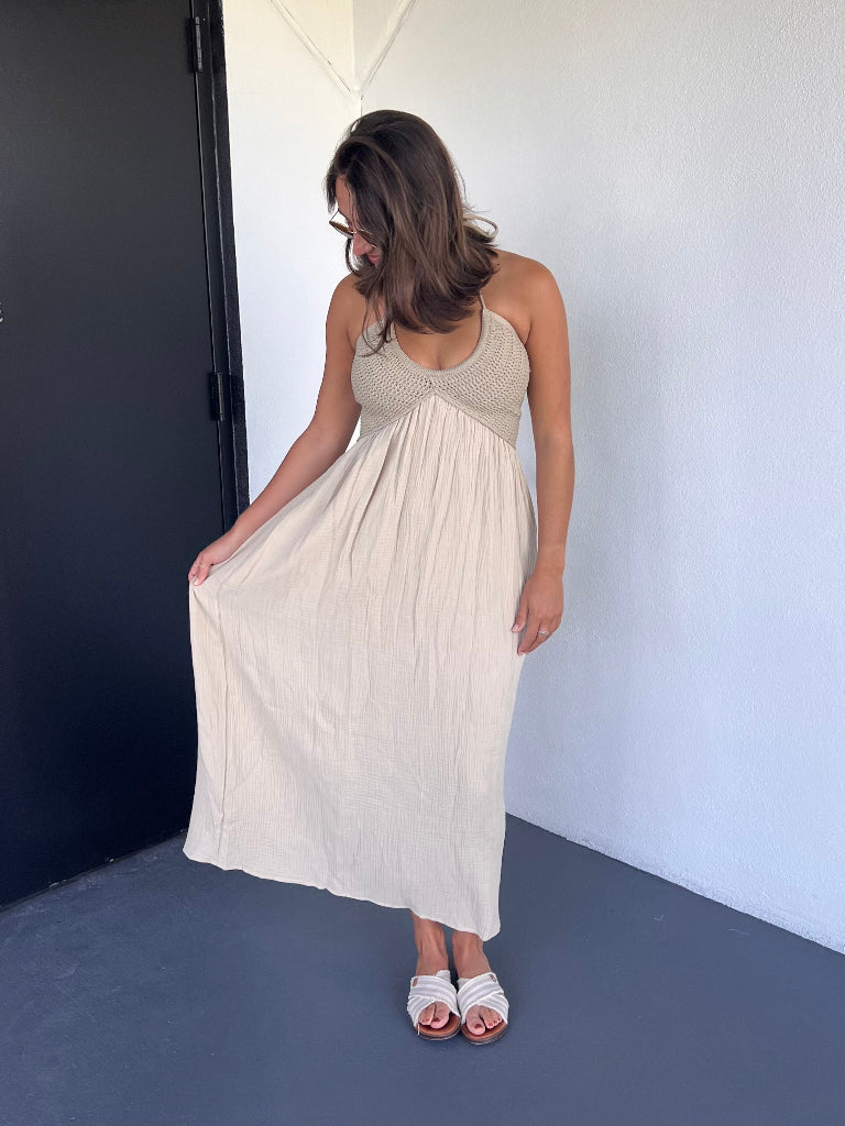 TALLULAH CROCHET MAXI DRESS IN SAND