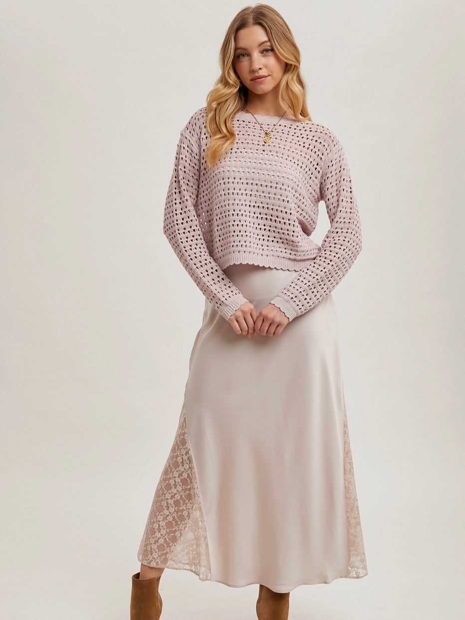 Stella Lace Silk Midi Skirt in Pearl