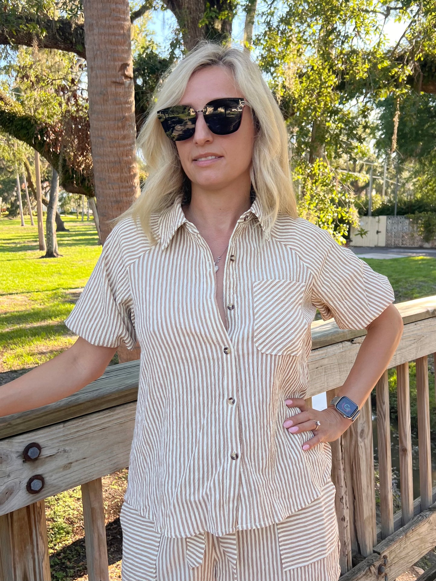 Noah Striped Button Up Top in Taupe & White