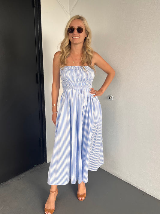 RALEIGH SMOCKED STRIPED MIDI DRESS IN BLUE