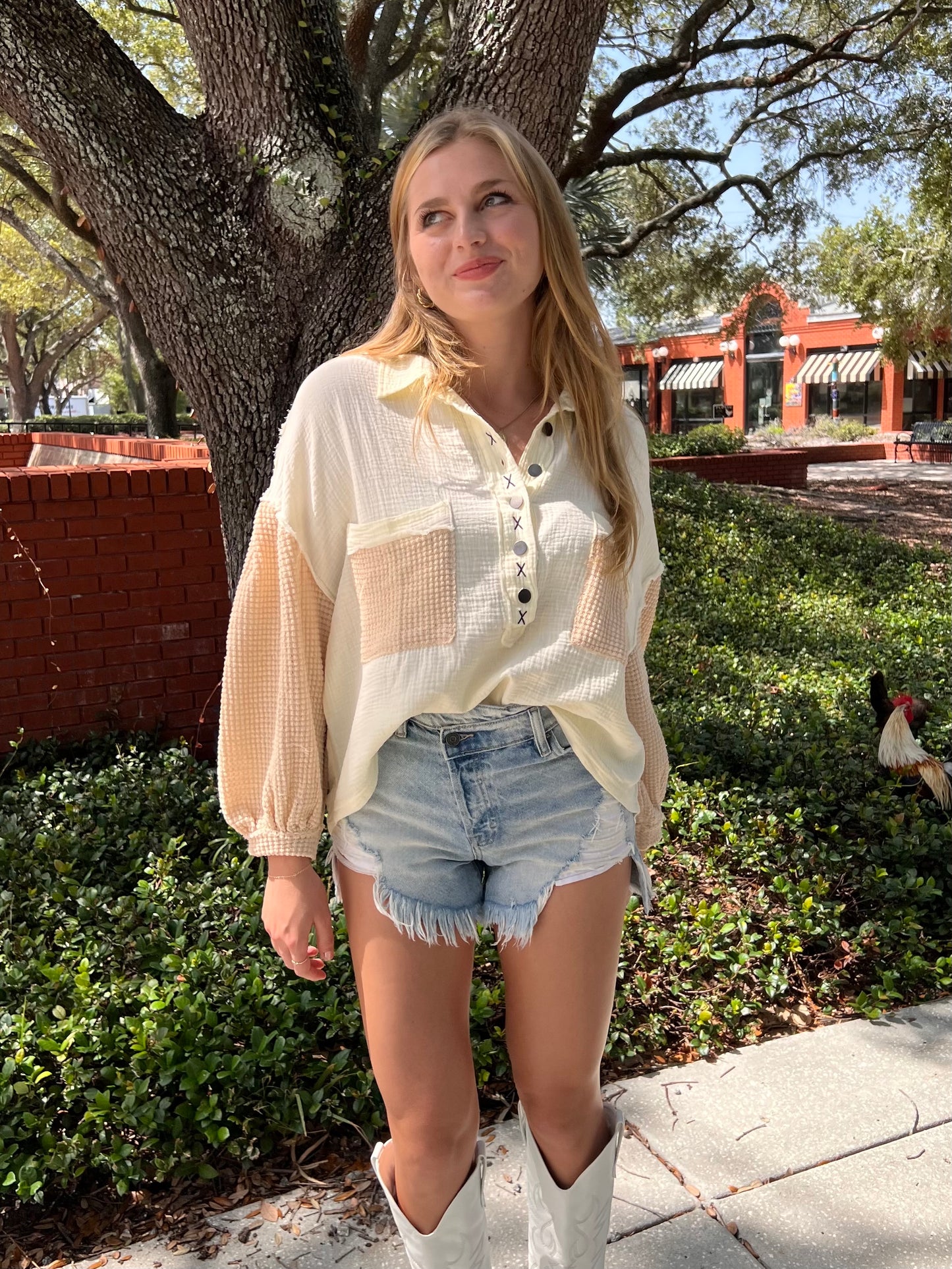 REAGAN LONG SLEEVE WAFFLE TOP IN IVORY