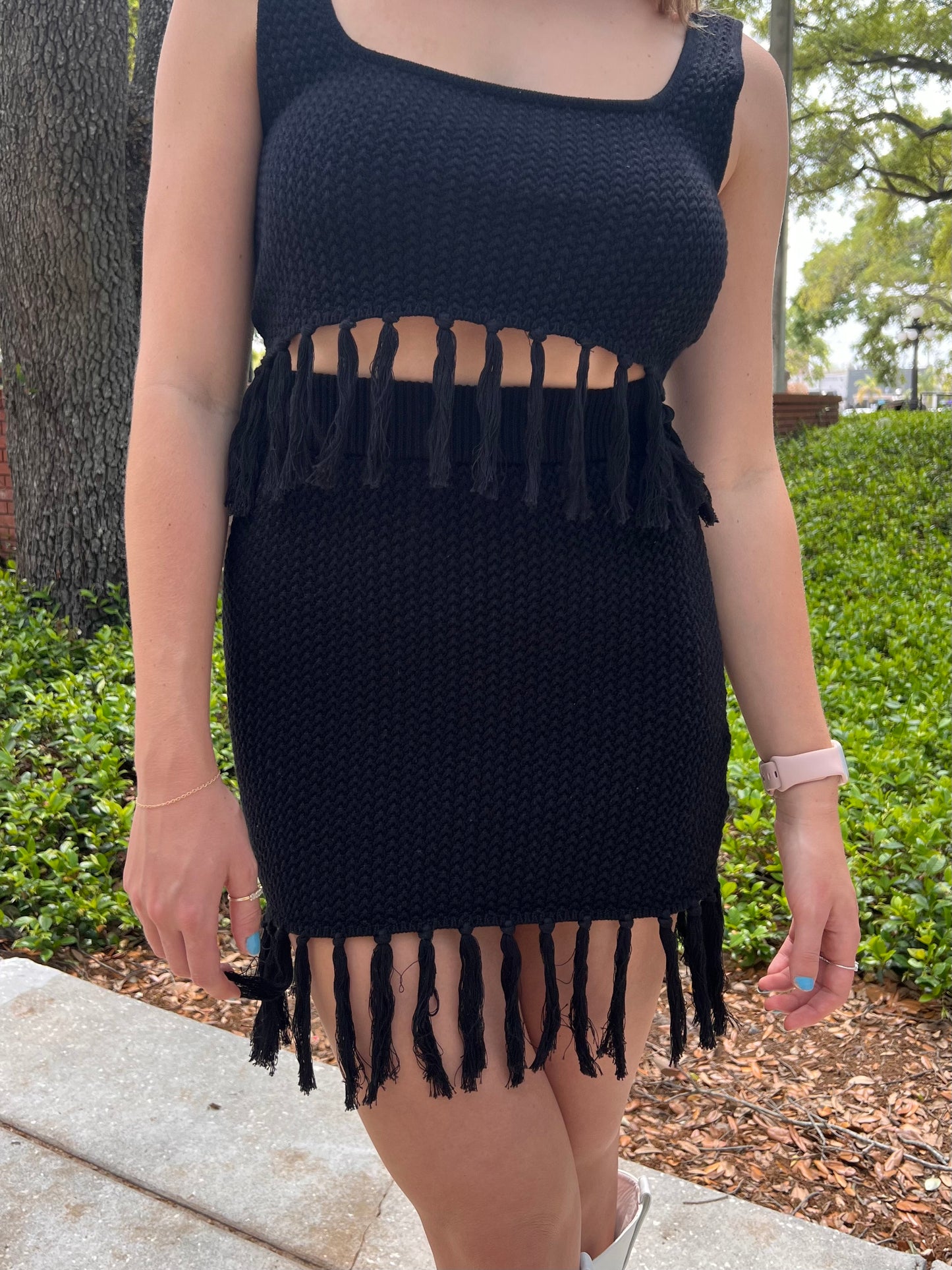 Paloma Black Knit Fringe Mini Skirt