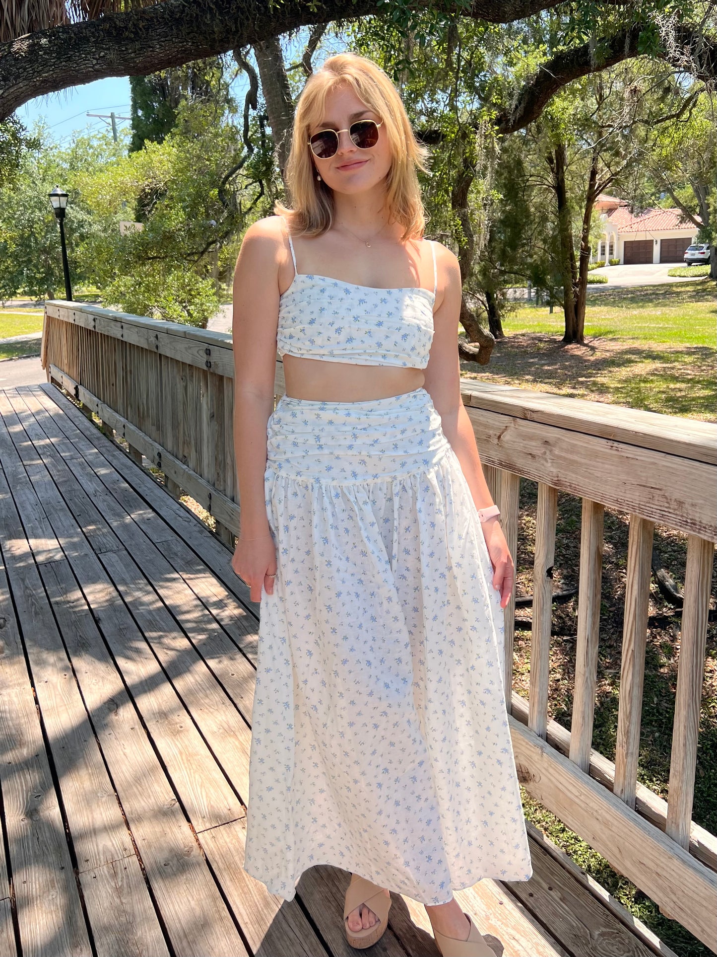 Harlow White and Blue Floral Maxi Skirt