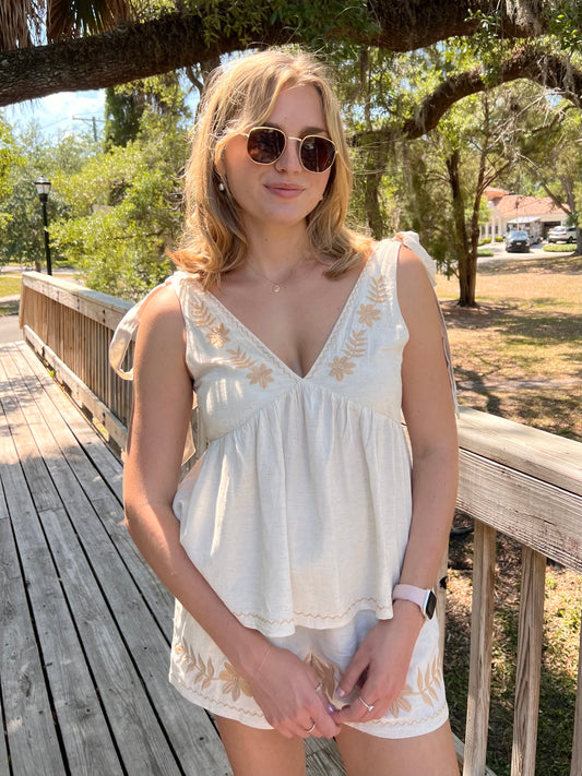 Jade Oatmeal Embroidered Tie Babydoll Tank Top
