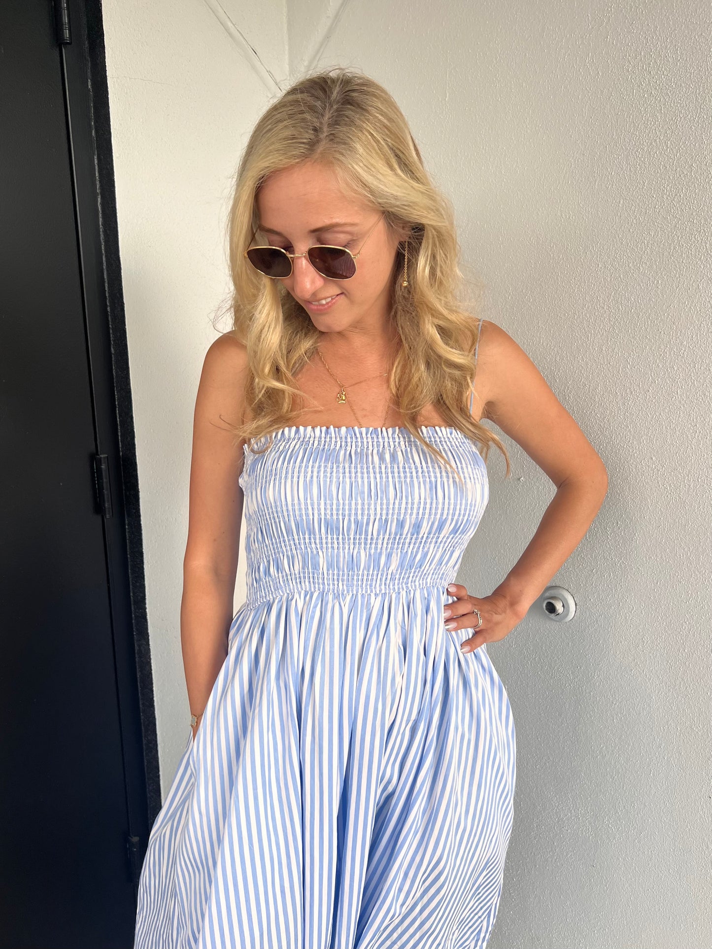 RALEIGH SMOCKED STRIPED MIDI DRESS IN BLUE