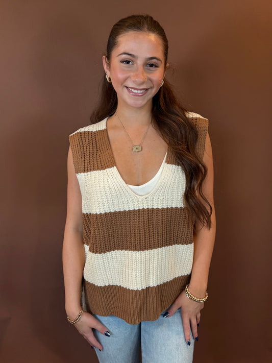 Reign Striped Sleeveless V-Neck Sweater in Mocha & Ivory