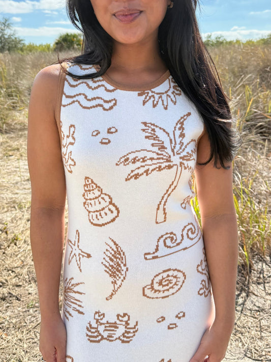 Sunshine Nautical Printed Midi Knit Dress in White