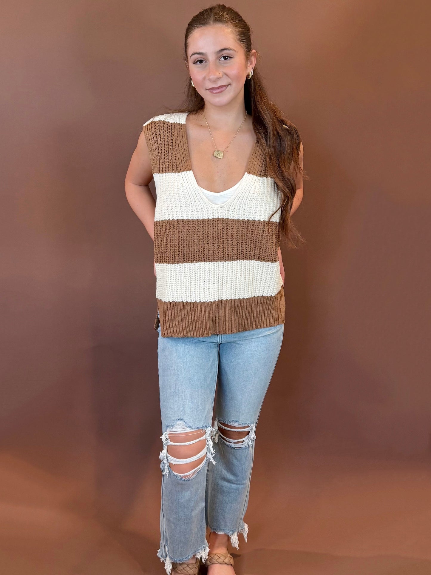 Reign Striped Sleeveless V-Neck Sweater in Mocha & Ivory
