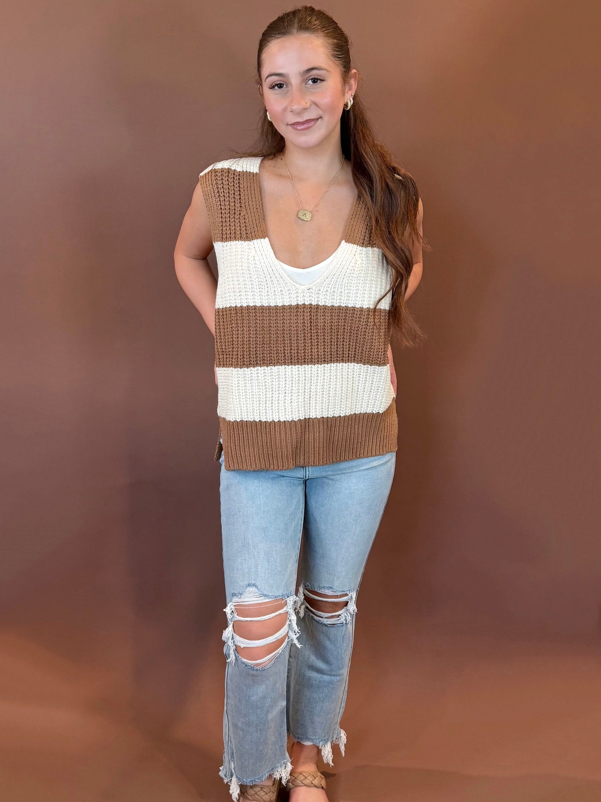 Reign Striped Sleeveless V-Neck Sweater in Mocha & Ivory