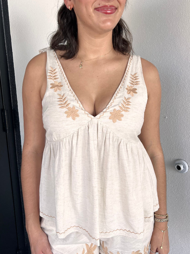 Jade Oatmeal Embroidered Tie Babydoll Tank Top