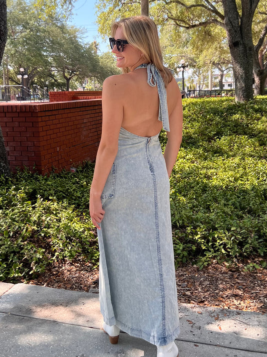 Sammi Open Back Light Denim Maxi Dress