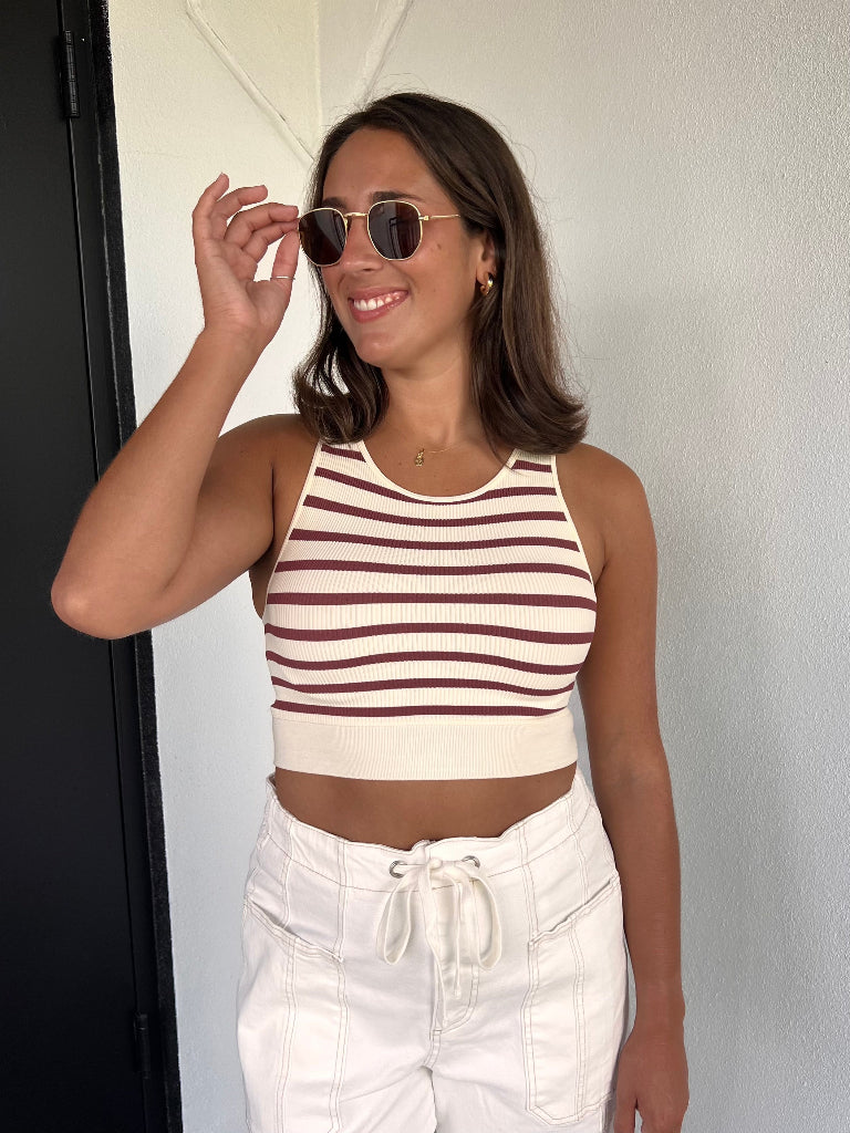 BEA CROPPED STRIPED TANK IN CREAM