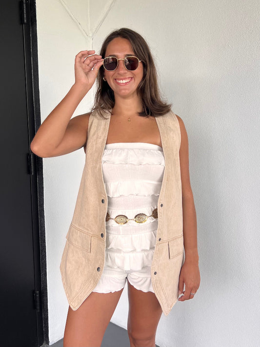 WYATT DENIM VEST IN SAND & HAVEN RUFFLE ROMPER IN WHITE