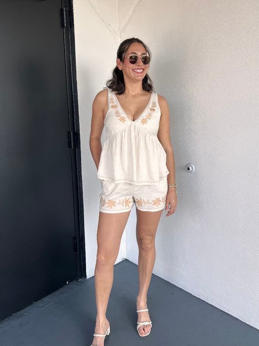 Jade Oatmeal Embroidered Tie Babydoll Tank Top