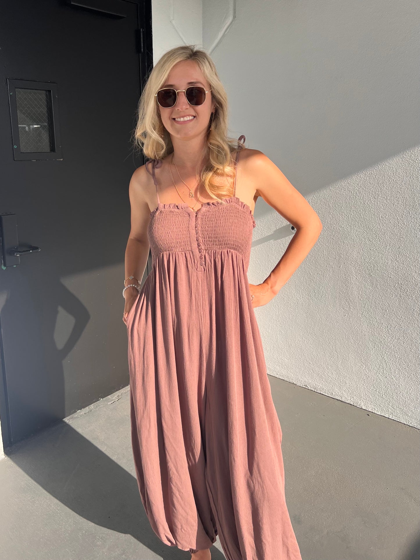 LIANA HAREM JUMPSUIT IN MOCHA BROWN