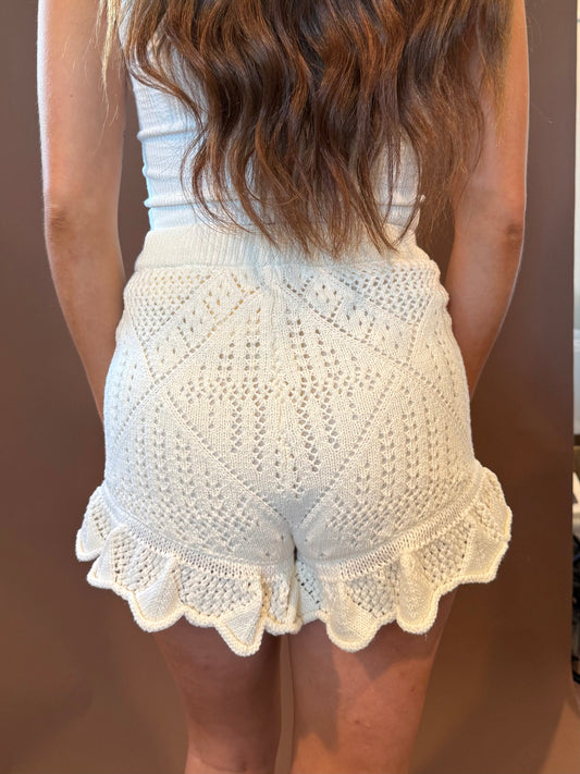 Meadow Crochet Knit Ruffle Shorts in Cream