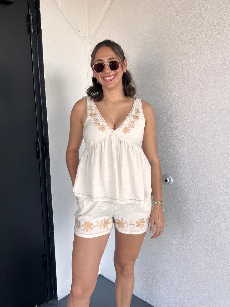 Jade Oatmeal Embroidered Tie Babydoll Tank Top