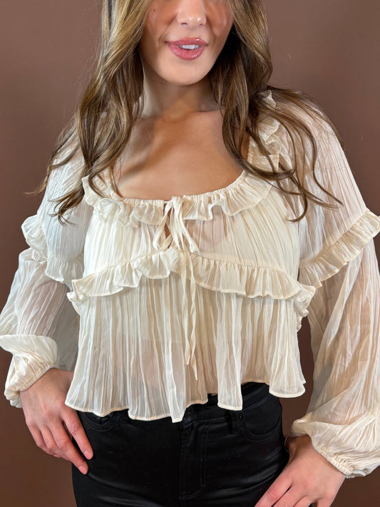 Della Long Sleeve Ruffle Blouse in Cream