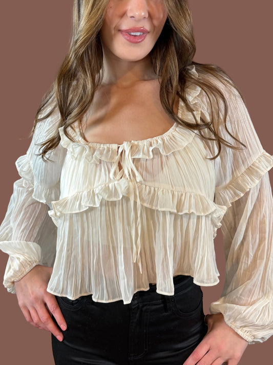 Della Long Sleeve Ruffle Blouse in Cream
