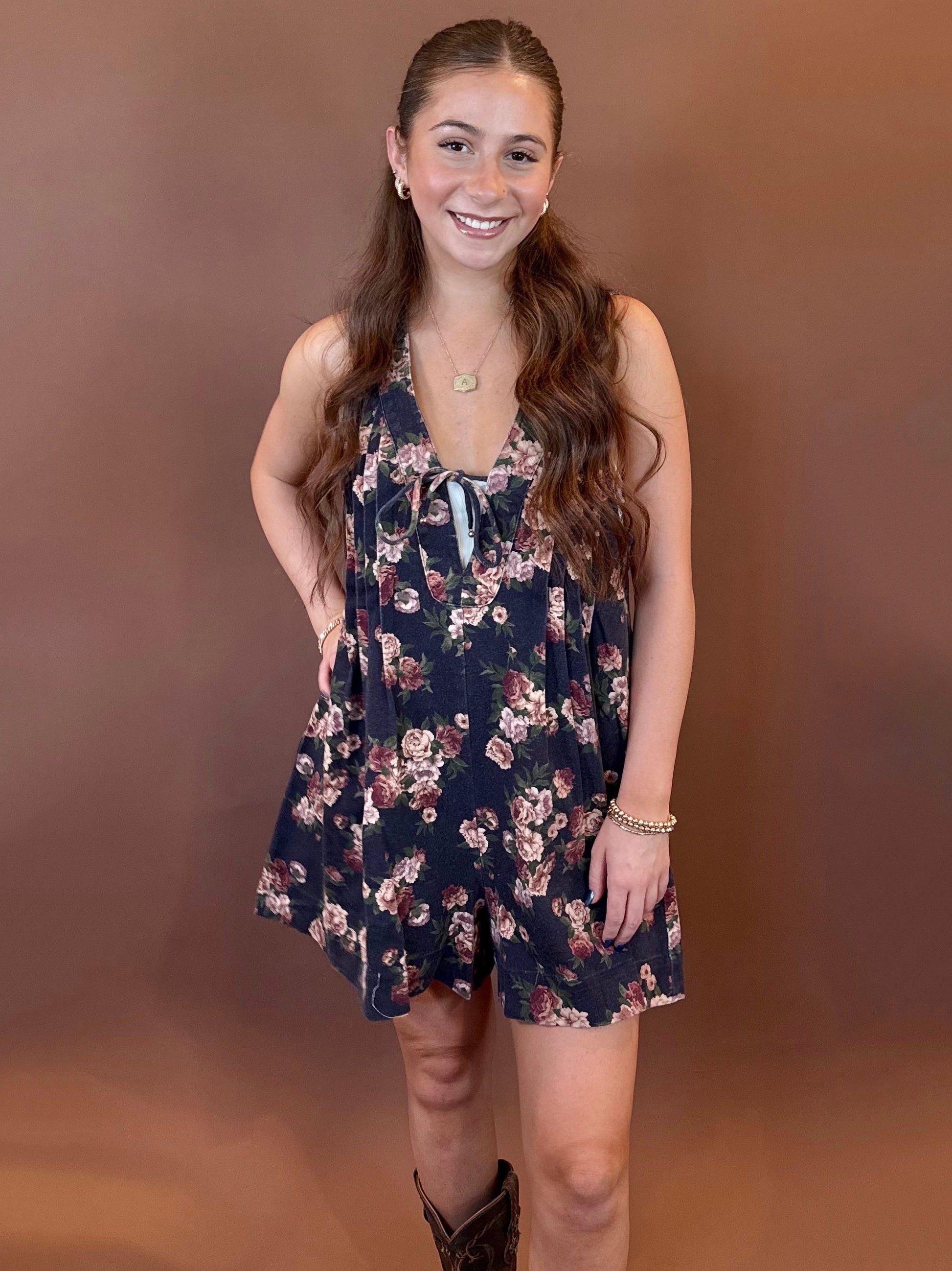 Meadow Multicolor Floral Sleeveless Romper in Navy
