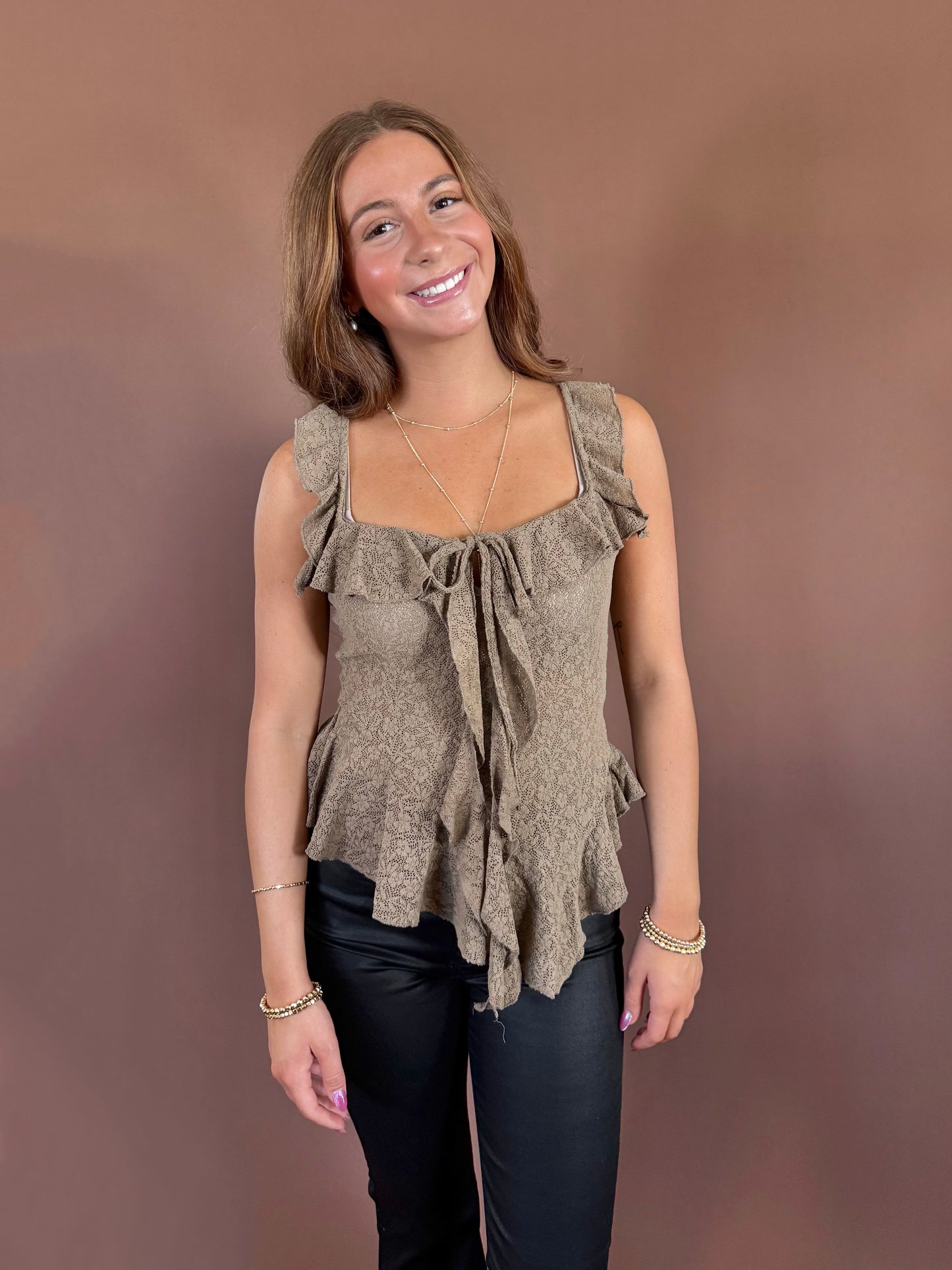 Cierra Asymmetrical Ruffle Sleeveless Lace Tank in Brown