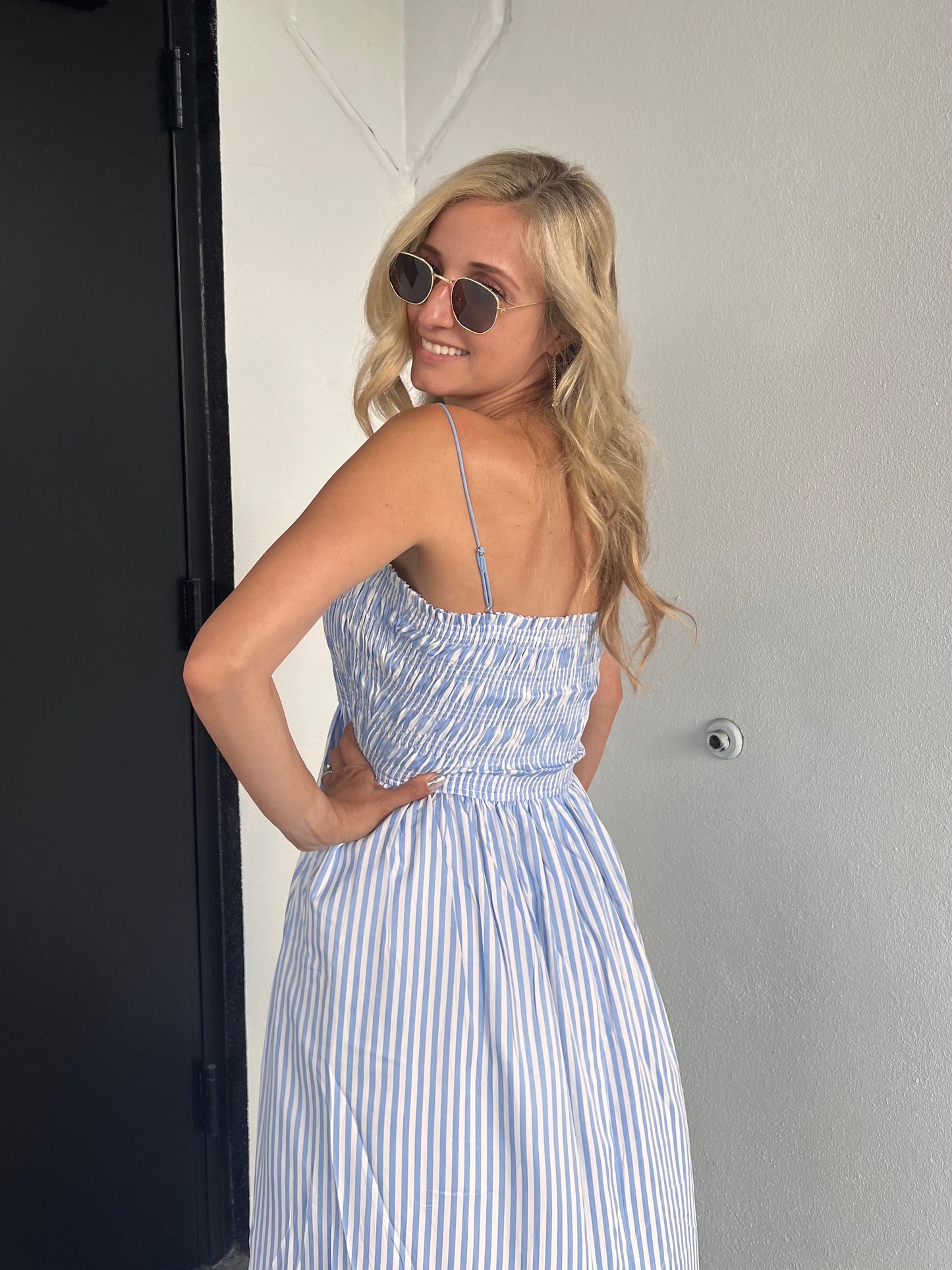 RALEIGH SMOCKED STRIPED MIDI DRESS IN BLUE