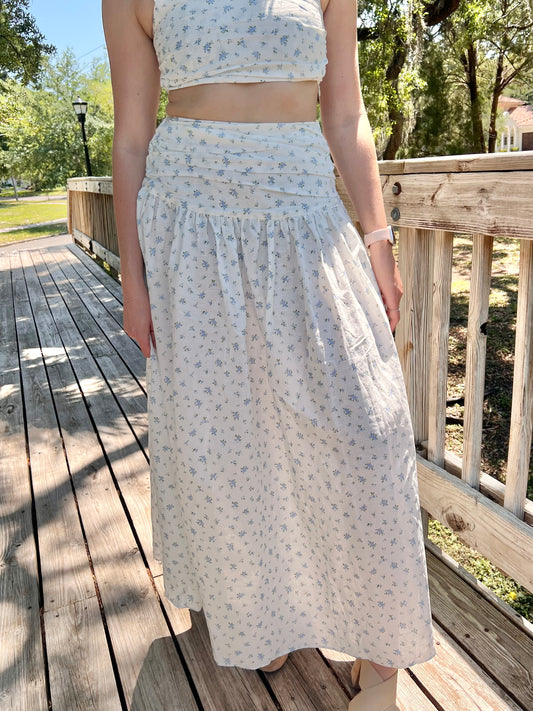Harlow White and Blue Floral Maxi Skirt