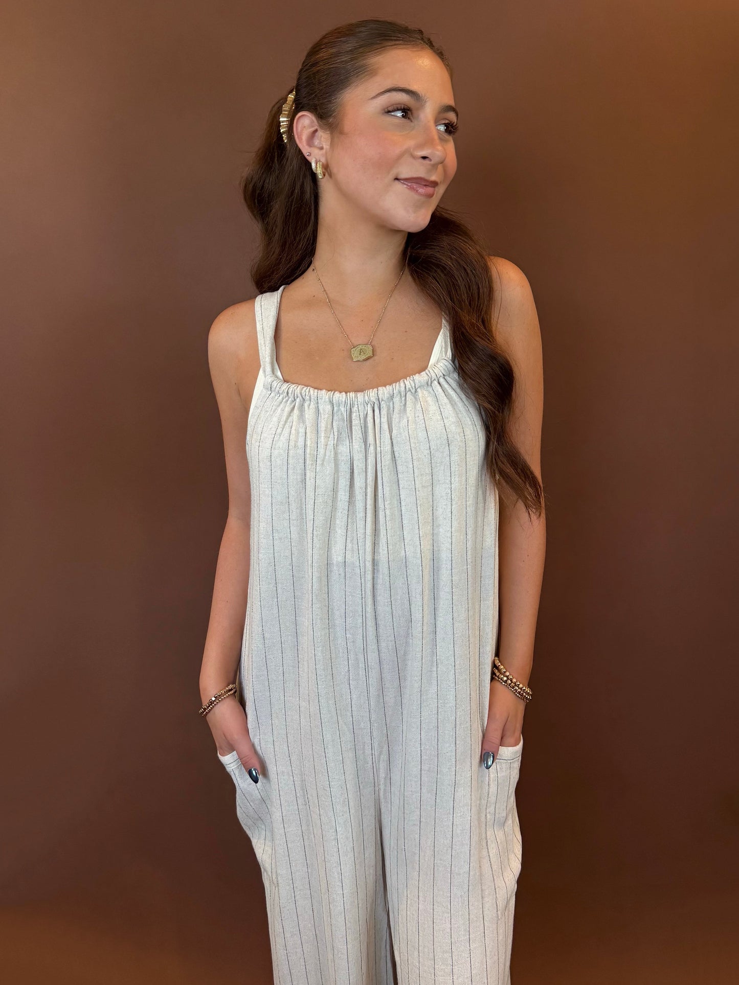 Dawson Striped Sleeveless Linen Jumpsuit in Natural