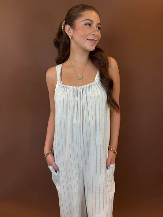 Dawson Striped Sleeveless Linen Jumpsuit in Natural