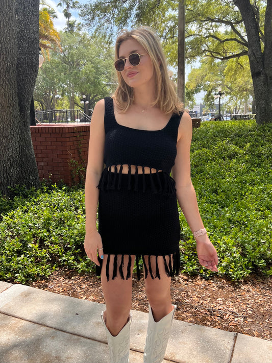 Paloma Black Knit Fringe Mini Skirt
