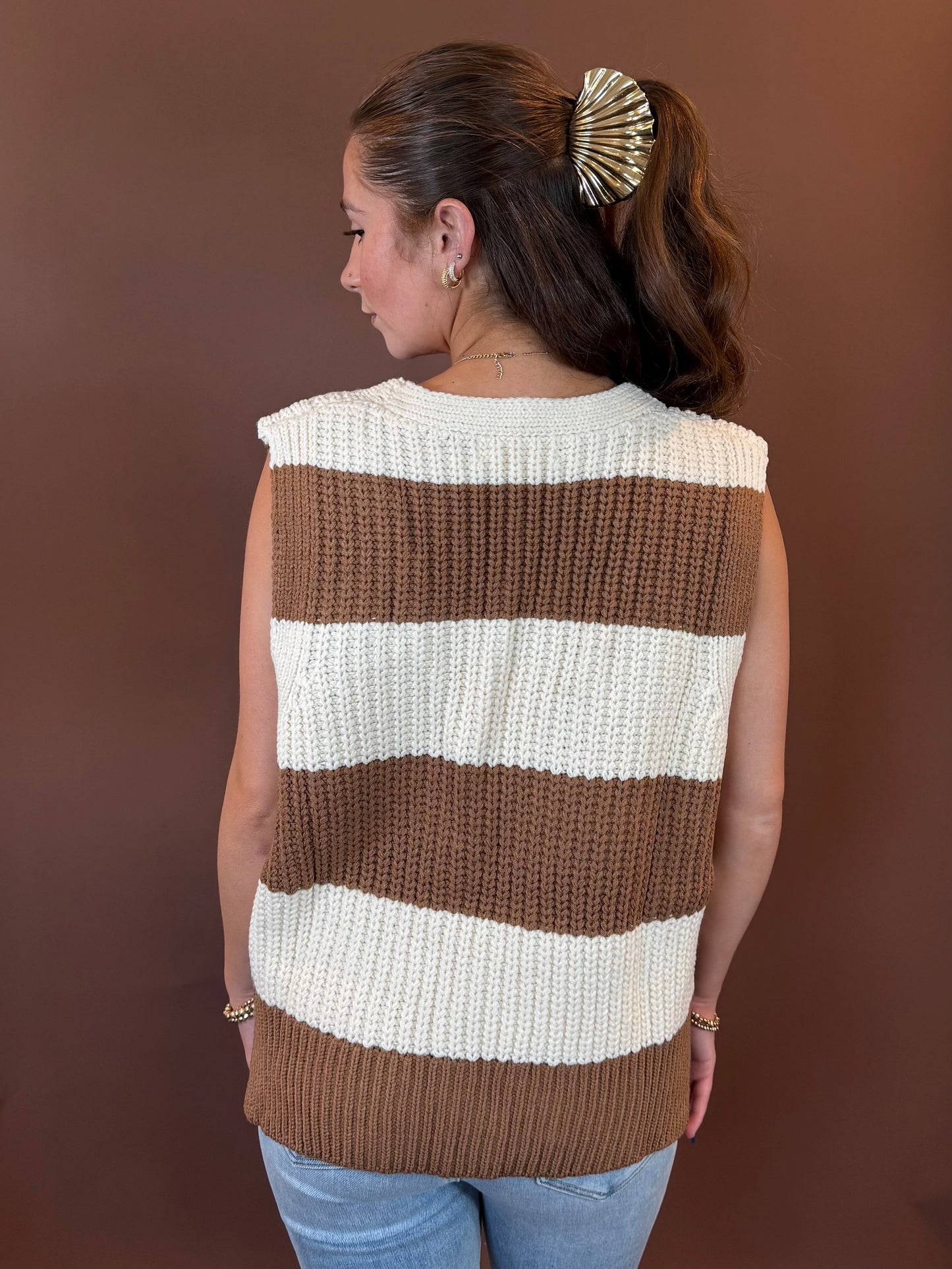 Reign Striped Sleeveless V-Neck Sweater in Mocha & Ivory