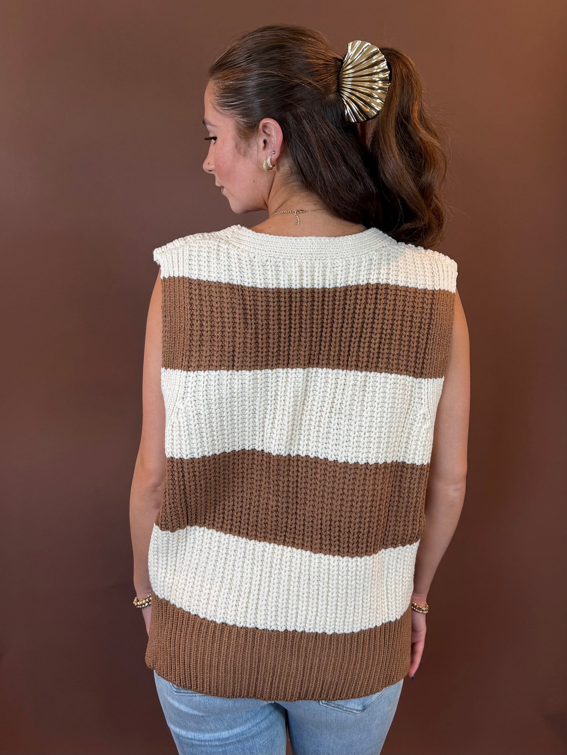 Reign Striped Sleeveless V-Neck Sweater in Mocha & Ivory